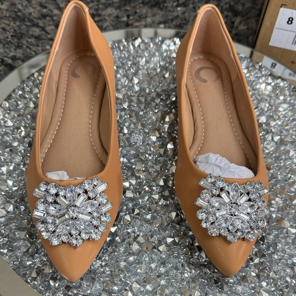 Journee Tan Pointed-Toe Flats with Crystal Embellishment NEW 8